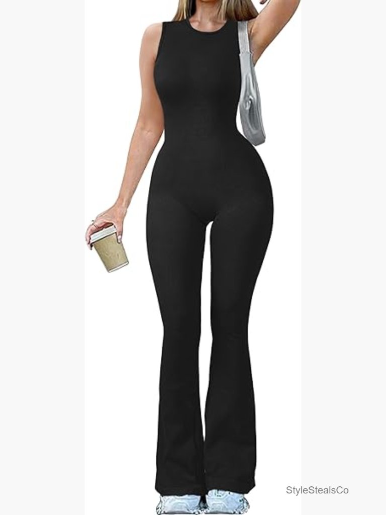 Small Ribbed Yoga Jumpsuit Sleeveless Flare Bell Bottoms Activewear